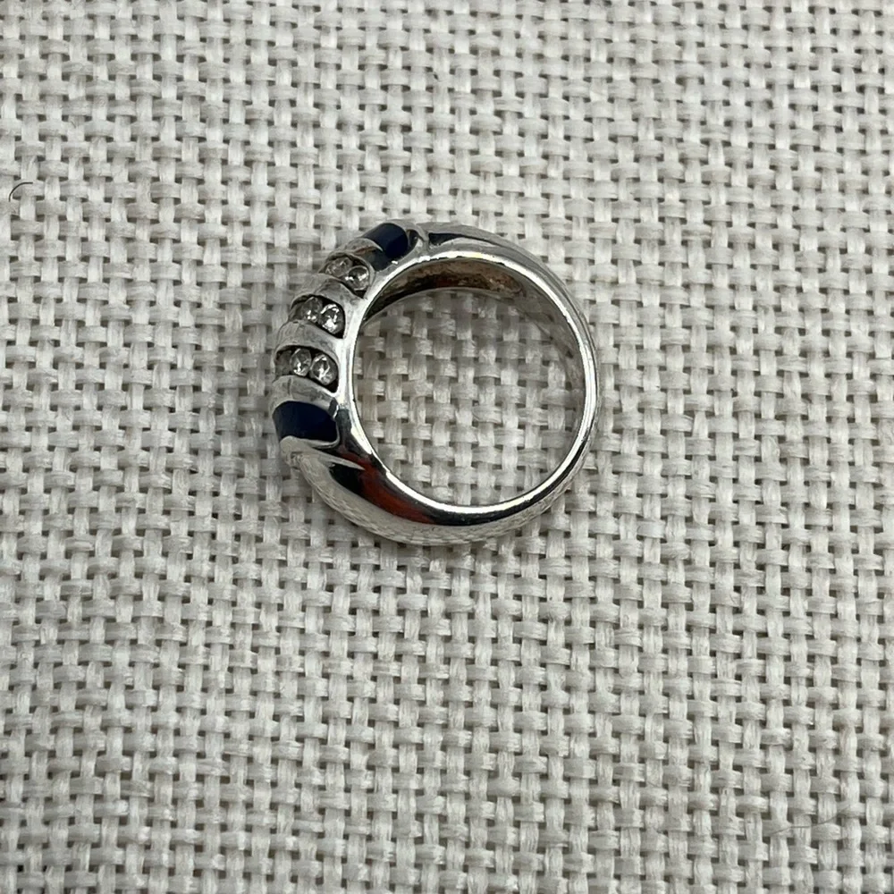 Vintage Sterling Silver Wide Band Ring with Enamel & CZ Accents Size 4.75